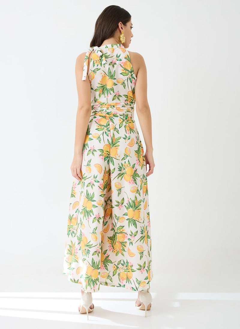 Globus Women Yellow Floral & Fruit Print Halter Neck Pleated Detail Flared Fusion Jumpsuit - Image 4